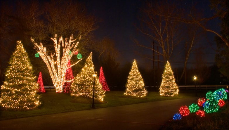 House with Christmas lights at night